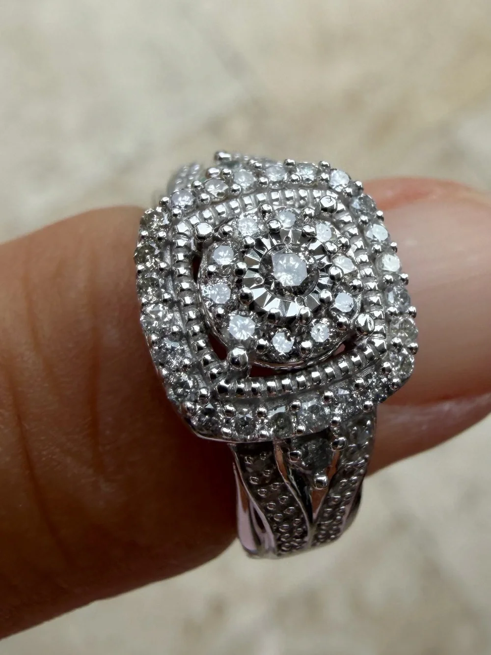 Sterling Silver .75 ctw Natural Diamond Halo Ring - White